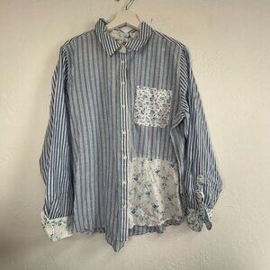Laura Ashley X Lucky Brand Striped Floral Patchwork Button-Up Shirt Large Blue